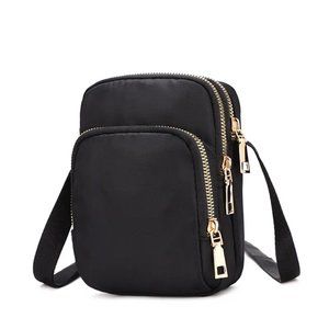 Black Mini Phone Bag, Multi Zipper Crossbody Bag With Adjustable Strap